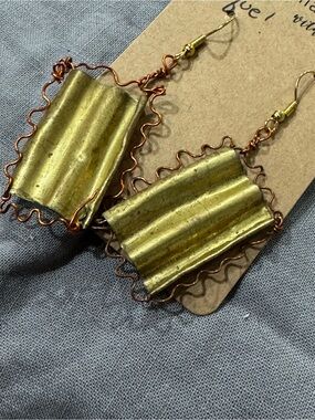 Handcrafted Gold-Tone Corrugated Rectangle Drop Earrings